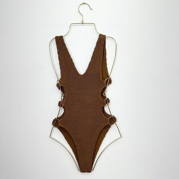 Love and Bikinis Women’s Chocolate Brown Smocked Dubai Multi Ring Cut Out OS Swi - Picture 2 of 10